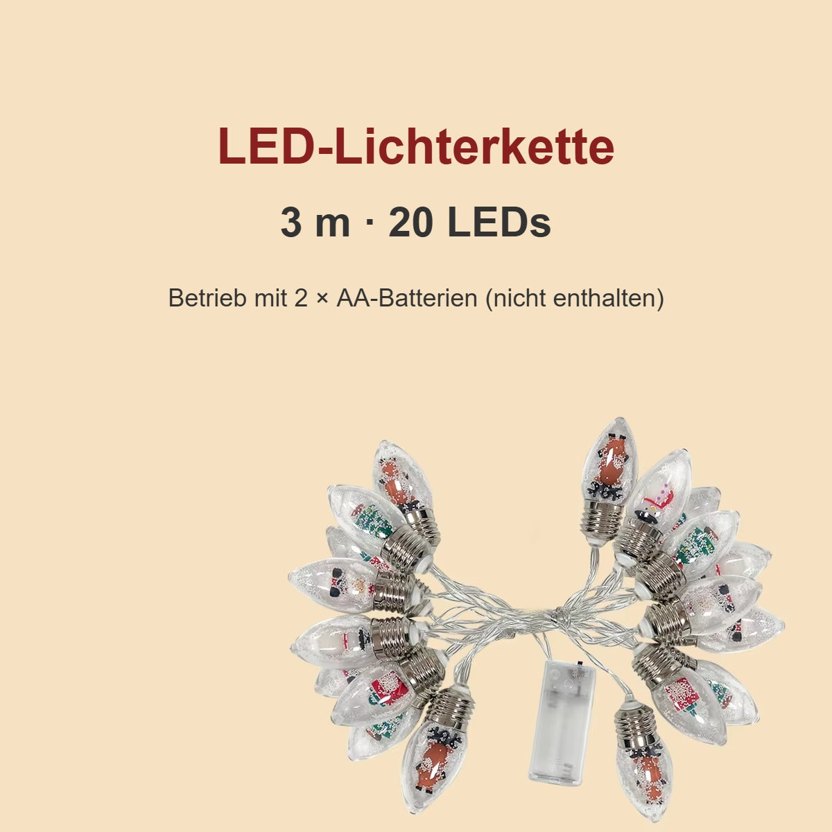 LED-Weihnachtslichterkette mit Figuren – 3 m, 20 LEDs, batteriebetrieben